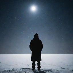 A silhouette of a person bundled in dark winter clothing, standing amidst falling snow on a moonlit night