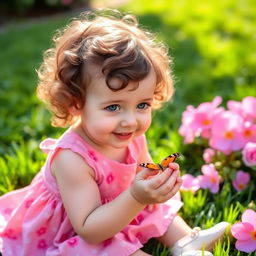 A cute little toddler girl with curly brown hair and bright blue eyes, wearing a pink dress with floral patterns