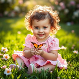 A cute little toddler girl with curly brown hair and bright blue eyes, wearing a pink dress with floral patterns