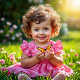 A cute little toddler girl with curly brown hair and bright blue eyes, wearing a pink dress with floral patterns