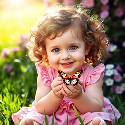 A cute little toddler girl with curly brown hair and bright blue eyes, wearing a pink dress with floral patterns