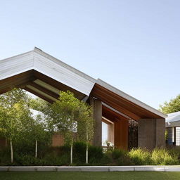 An architectural view of a uniquely designed home boasting two separate roof sections.