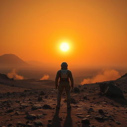 A lone explorer stands on the rocky surface of Mars, gazing at the majestic view of Olympus Mons in the distance