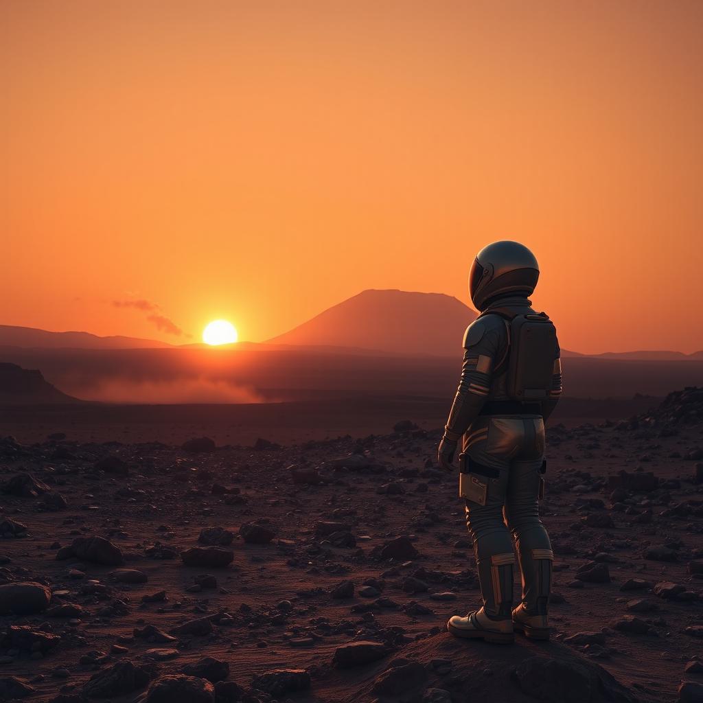 A lone explorer stands on the rocky surface of Mars, gazing at the majestic view of Olympus Mons in the distance