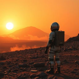 A lone explorer stands on the rocky surface of Mars, gazing at the majestic view of Olympus Mons in the distance