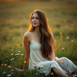 A young woman sitting in a beautiful meadow during sunset, with wildflowers surrounding her