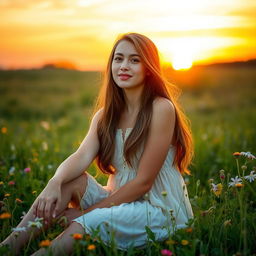 A young woman sitting in a beautiful meadow during sunset, with wildflowers surrounding her