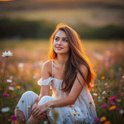 A young woman sitting in a beautiful meadow during sunset, with wildflowers surrounding her