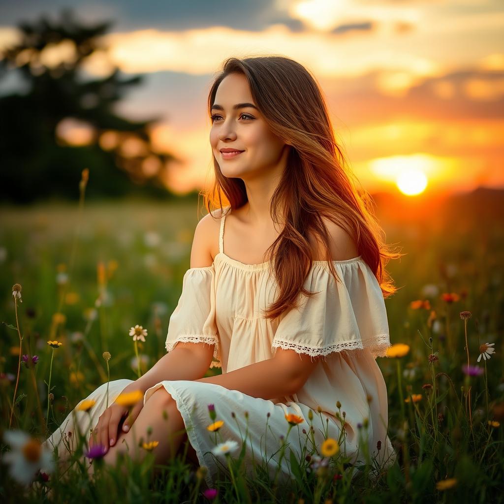 A young woman sitting in a beautiful meadow during sunset, with wildflowers surrounding her