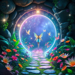 A captivating portal leading into a mesmerizing fairy world, with sparkling lights and a radiant glow surrounding the portal's entrance