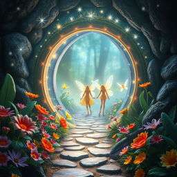 A captivating portal leading into a mesmerizing fairy world, with sparkling lights and a radiant glow surrounding the portal's entrance
