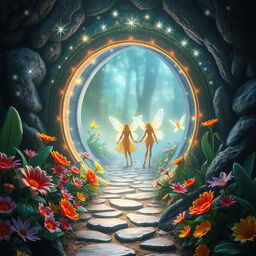 A captivating portal leading into a mesmerizing fairy world, with sparkling lights and a radiant glow surrounding the portal's entrance