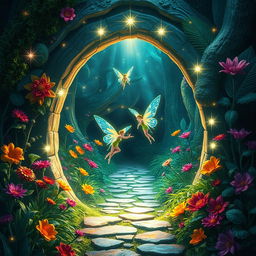 A captivating portal leading into a mesmerizing fairy world, with sparkling lights and a radiant glow surrounding the portal's entrance