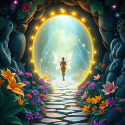 A captivating portal leading into a mesmerizing fairy world, with sparkling lights and a radiant glow surrounding the portal's entrance