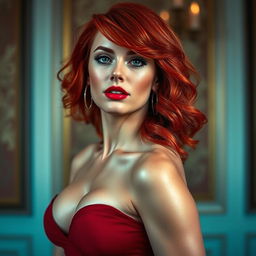 A sexy woman with stunning red hair, posed confidently from the front to showcase her entire body