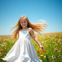 A beautiful young girl with long flowing hair, wearing a summer dress, standing in a vibrant field of wildflowers under a clear blue sky