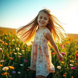 A beautiful young girl with long flowing hair, wearing a summer dress, standing in a vibrant field of wildflowers under a clear blue sky