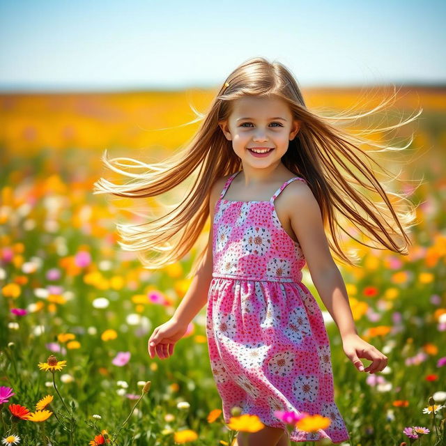 A beautiful young girl with long flowing hair, wearing a summer dress, standing in a vibrant field of wildflowers under a clear blue sky