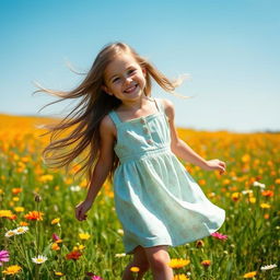 A beautiful young girl with long flowing hair, wearing a summer dress, standing in a vibrant field of wildflowers under a clear blue sky