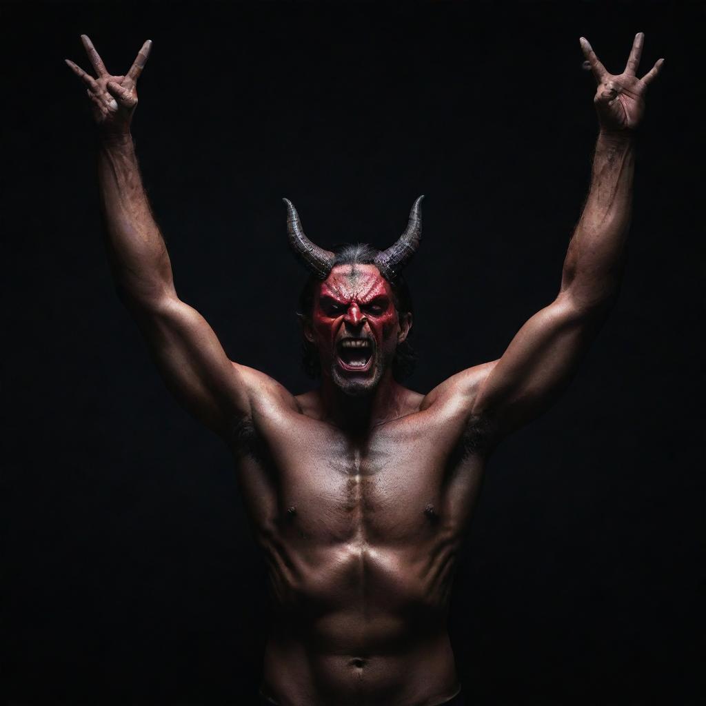 Satan with a detailed expression and powerful aura, raising his hands above his head in a strong and dramatic stance, against a dark backdrop highlighting his intense visage.