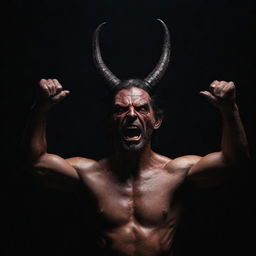 Satan with a detailed expression and powerful aura, raising his hands above his head in a strong and dramatic stance, against a dark backdrop highlighting his intense visage.