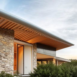 An architectural view of a uniquely designed home boasting two separate roof sections.