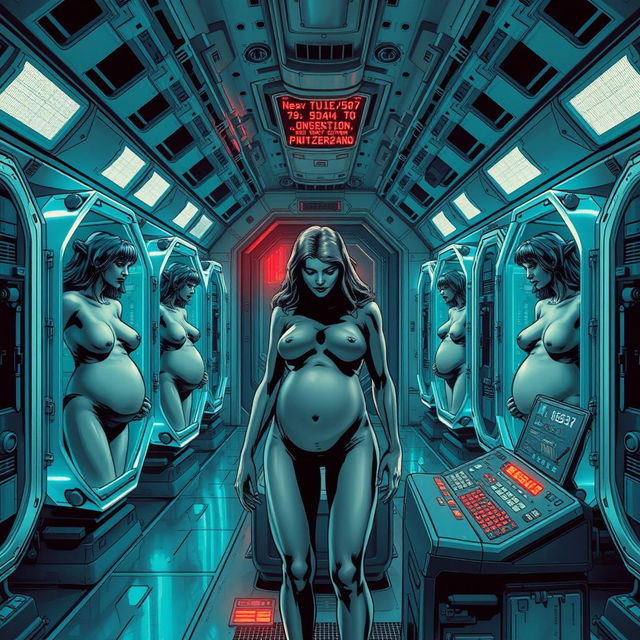 A chilling comic book cover set inside a cold, futuristic spaceship