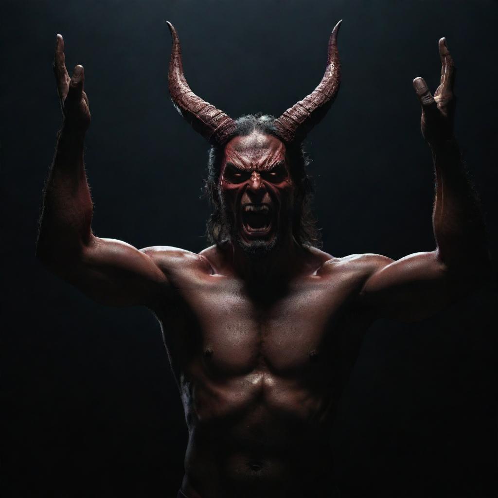 Satan with a detailed expression and powerful aura, raising his hands above his head in a strong and dramatic stance, against a dark backdrop highlighting his intense visage.