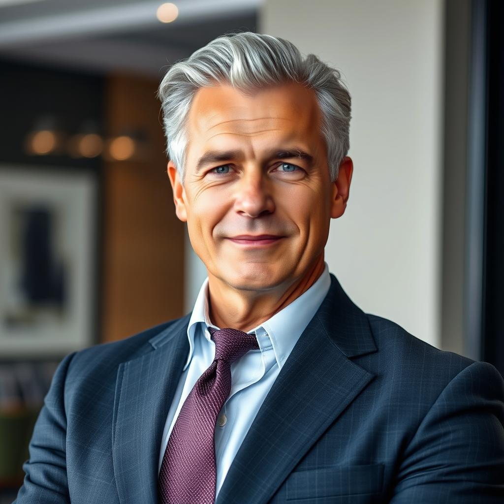 A distinguished older man with grey hair, wearing a sexy business suit