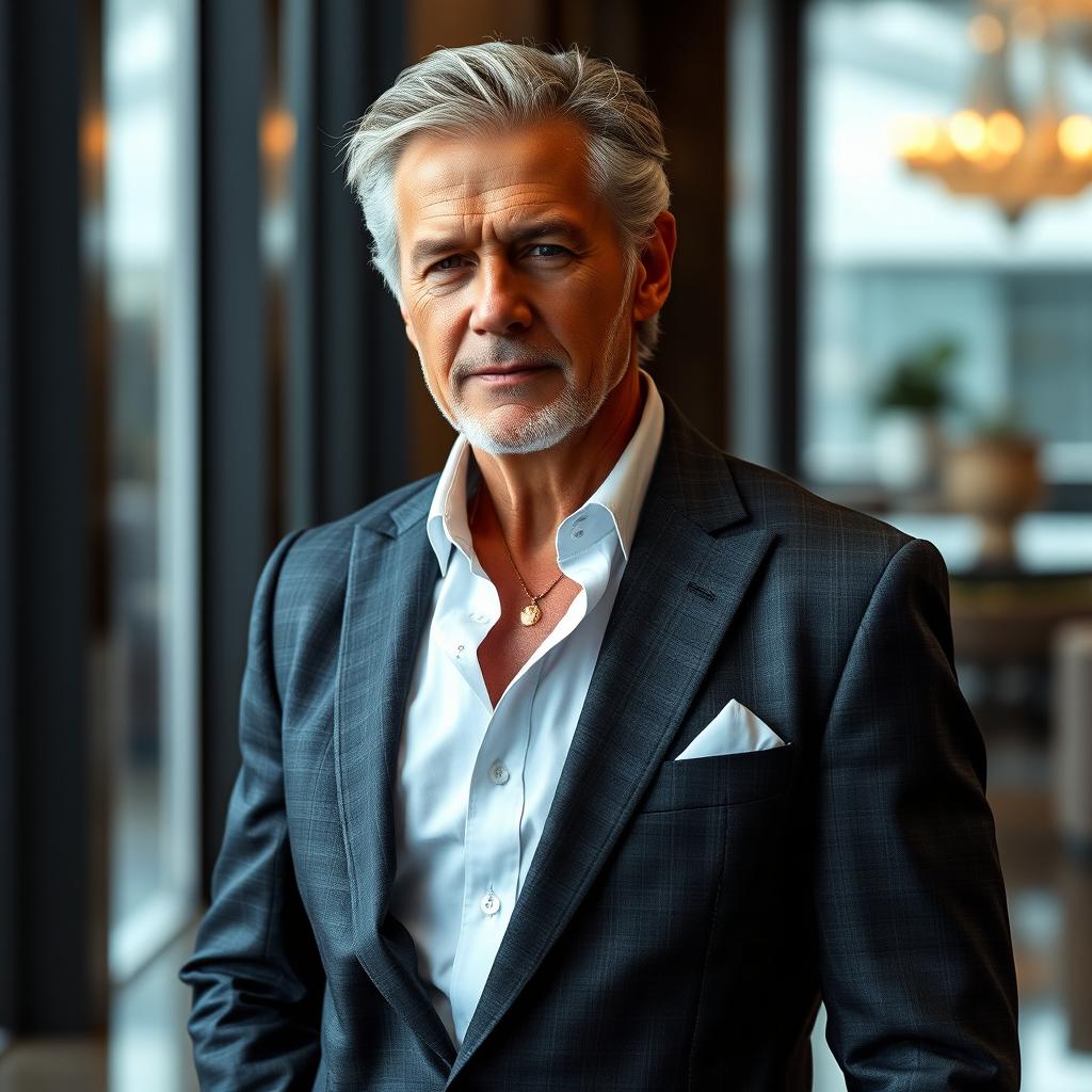 A distinguished older man with grey hair, wearing a sexy business suit