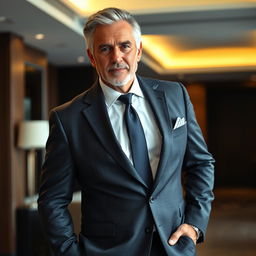 A distinguished older man with grey hair, wearing a sexy business suit