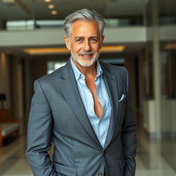 A distinguished older man with grey hair, wearing a sexy business suit