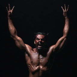 Satan with a detailed expression and powerful aura, raising his hands above his head in a strong and dramatic stance, against a dark backdrop highlighting his intense visage.