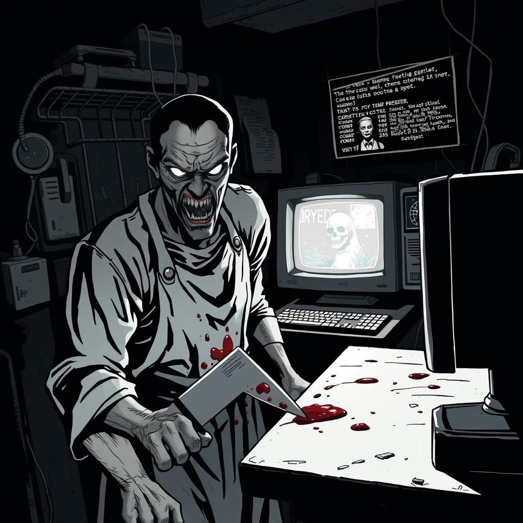 A chilling comic book cover illustration in stark black and white, depicting a sinister cannibal lurking in a dimly lit, decrepit kitchen