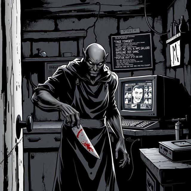 A chilling comic book cover illustration in stark black and white, depicting a sinister cannibal lurking in a dimly lit, decrepit kitchen