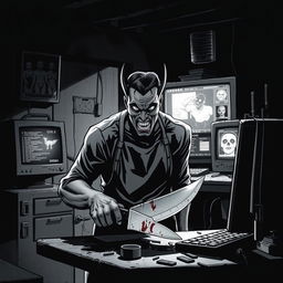 A chilling comic book cover illustration in stark black and white, depicting a sinister cannibal lurking in a dimly lit, decrepit kitchen