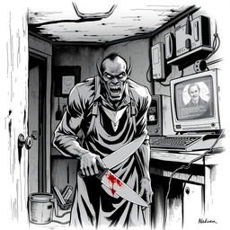 A chilling comic book cover illustration in stark black and white, depicting a sinister cannibal lurking in a dimly lit, decrepit kitchen