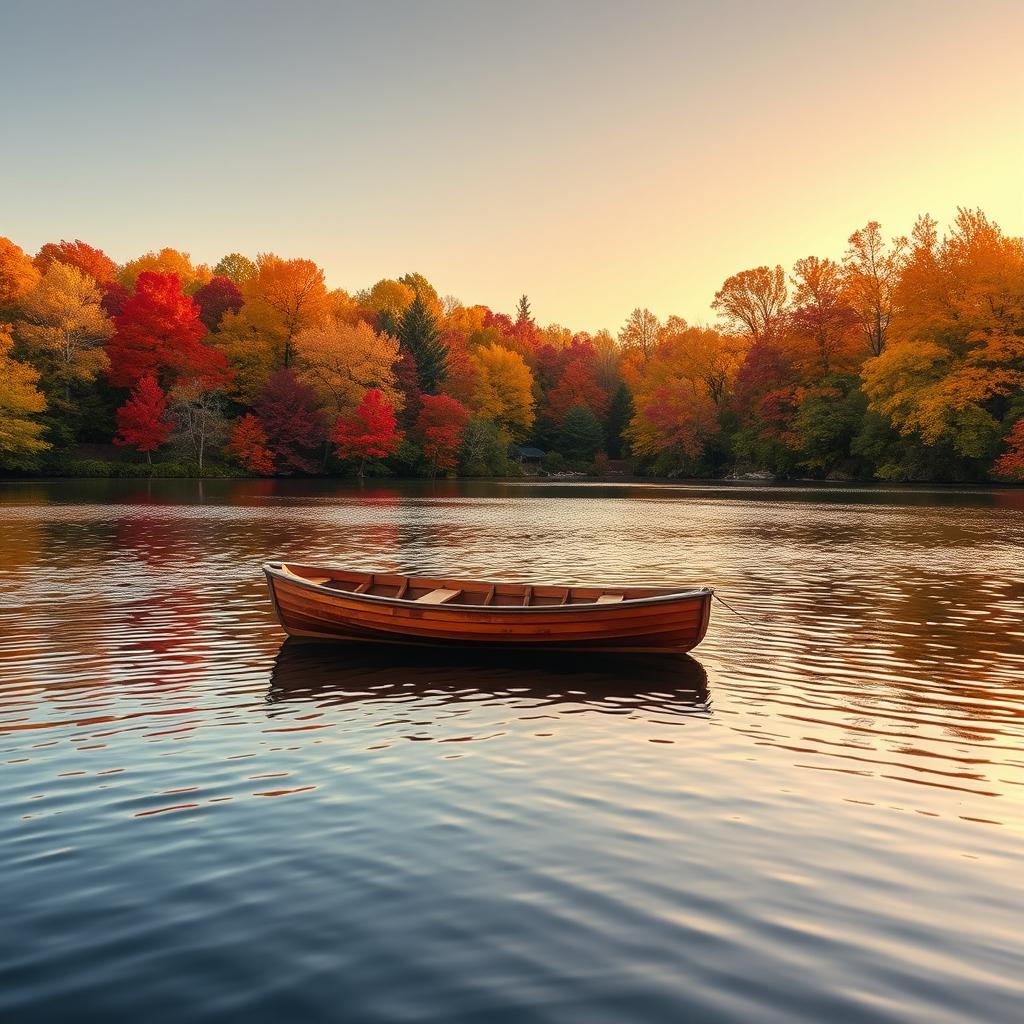 Create a beautiful autumn landscape featuring a serene lake surrounded by trees with vibrant fall foliage in shades of red, orange, and yellow