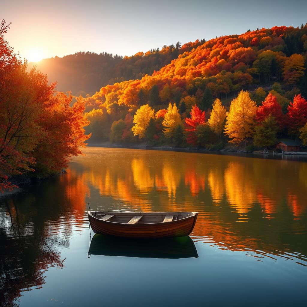 Create a beautiful autumn landscape featuring a serene lake surrounded by trees with vibrant fall foliage in shades of red, orange, and yellow