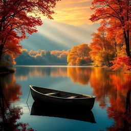 Create a beautiful autumn landscape featuring a serene lake surrounded by trees with vibrant fall foliage in shades of red, orange, and yellow