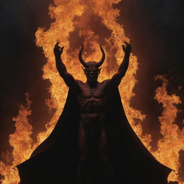 Satan, encircled by towering, vivid flames. His hands still raised high, he gazes upward with a complex expression. The firelight casts ominous shadows on his face, creating a dramatic visual.