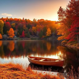 Create a beautiful autumn landscape featuring a serene lake surrounded by trees with vibrant fall foliage in shades of red, orange, and yellow