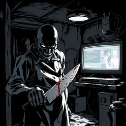 A chilling comic book cover illustration in stark black and white, depicting a sinister cannibal lurking in the dimly lit, decrepit kitchen