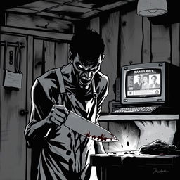 A chilling comic book cover illustration in stark black and white, depicting a sinister cannibal lurking in the dimly lit, decrepit kitchen