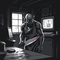 A chilling comic book cover illustration in stark black and white, depicting a sinister cannibal lurking in the dimly lit, decrepit kitchen