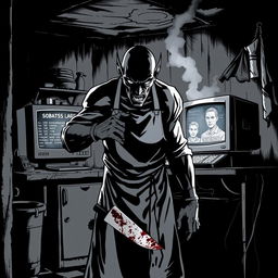 A chilling comic book cover illustration in stark black and white, depicting a sinister cannibal lurking in the dimly lit, decrepit kitchen