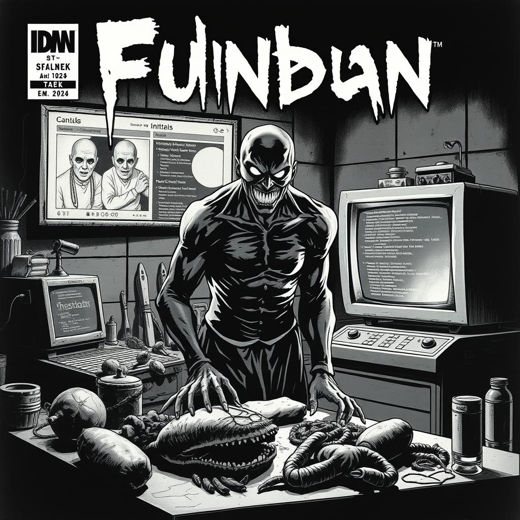 A gripping comic book cover in black and white, set in a shadowy, grim kitchen