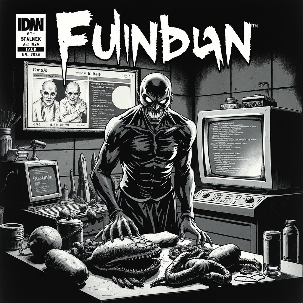 A gripping comic book cover in black and white, set in a shadowy, grim kitchen