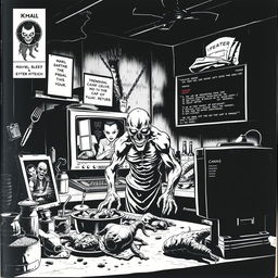 A gripping comic book cover in black and white, set in a shadowy, grim kitchen