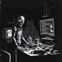 A gripping comic book cover in black and white, set in a shadowy, grim kitchen